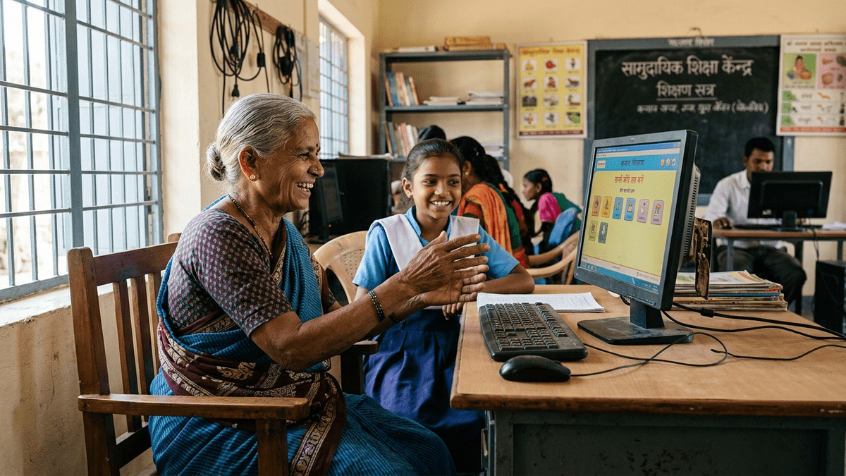 Elderly Indian person teaching young learner at computer in community centre