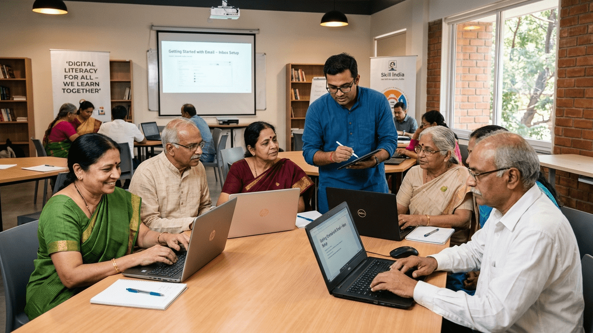 Group of senior Indian citizens learning digital skills together