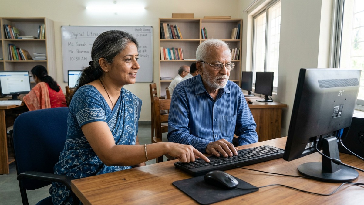 senior citizens learn computers with educator at community learning centre