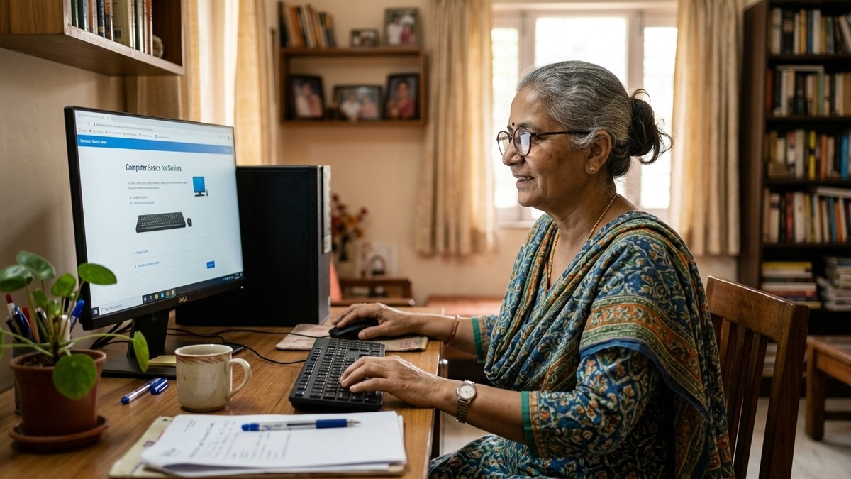 senior citizens learn computers Indian grandmother focused on keyboard