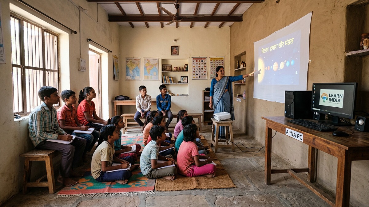 Smart classroom at home with rural teacher and students learning computers