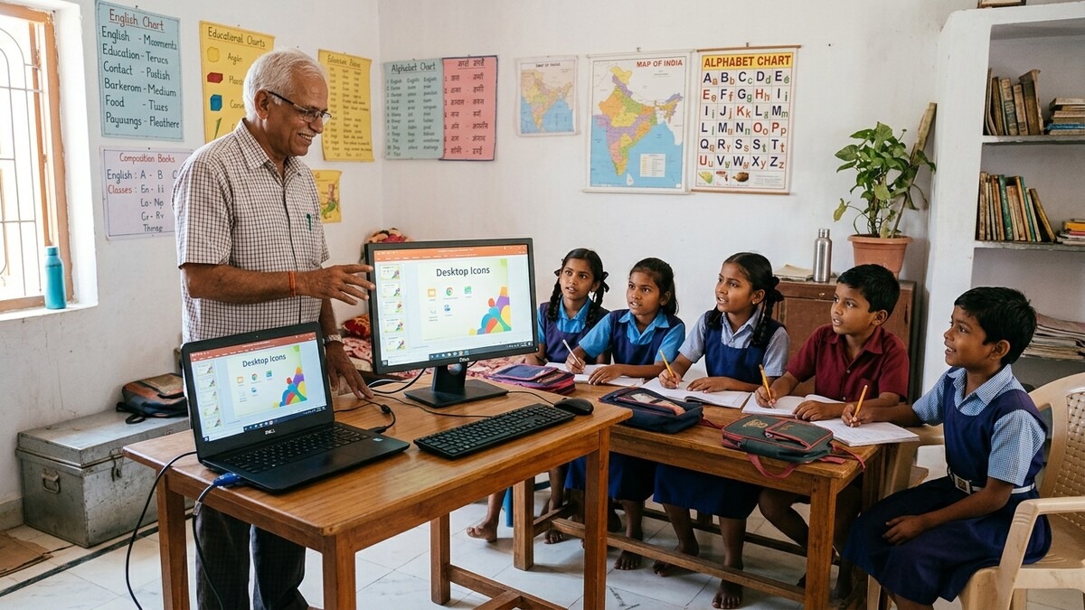 Retired educator teaching computer basics in a smart classroom at home