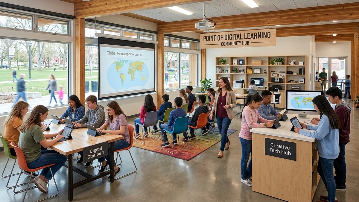 Point of Digital Learning POD center with students in smart classroom at home