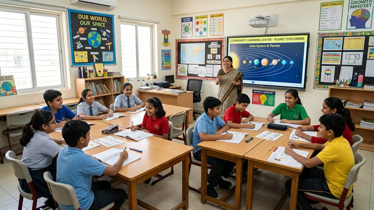 Smart classroom tools in an Indian community learning centre with students and educator