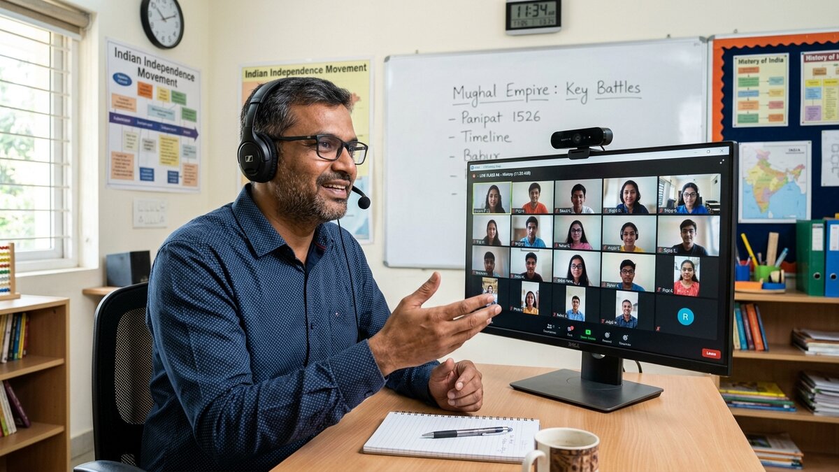 Smart classroom tools used by Indian educator during live video teaching session