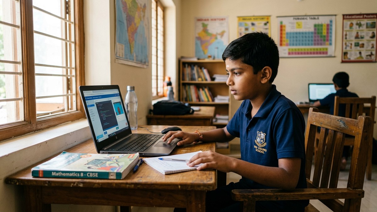 Quality education small town India student learning on APNA PC computer in home setting