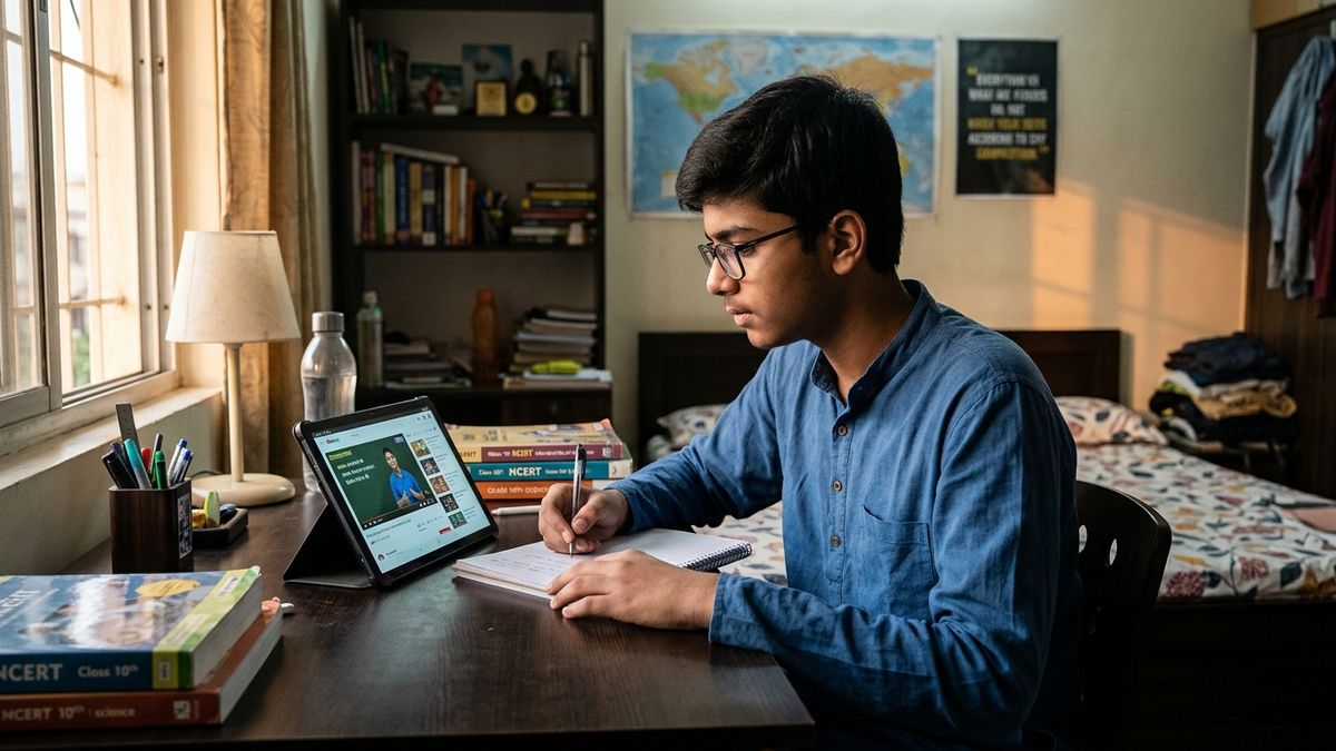 Indian student studying with a tablet showing free education apps India