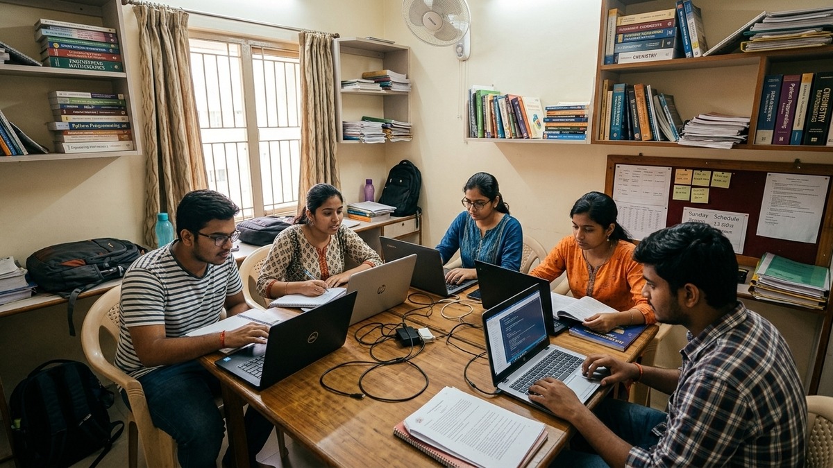 coaching centre at home with Indian students using laptops together