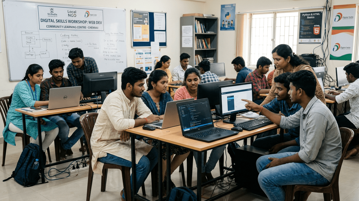 Students learning digital skills together at a community learning centre