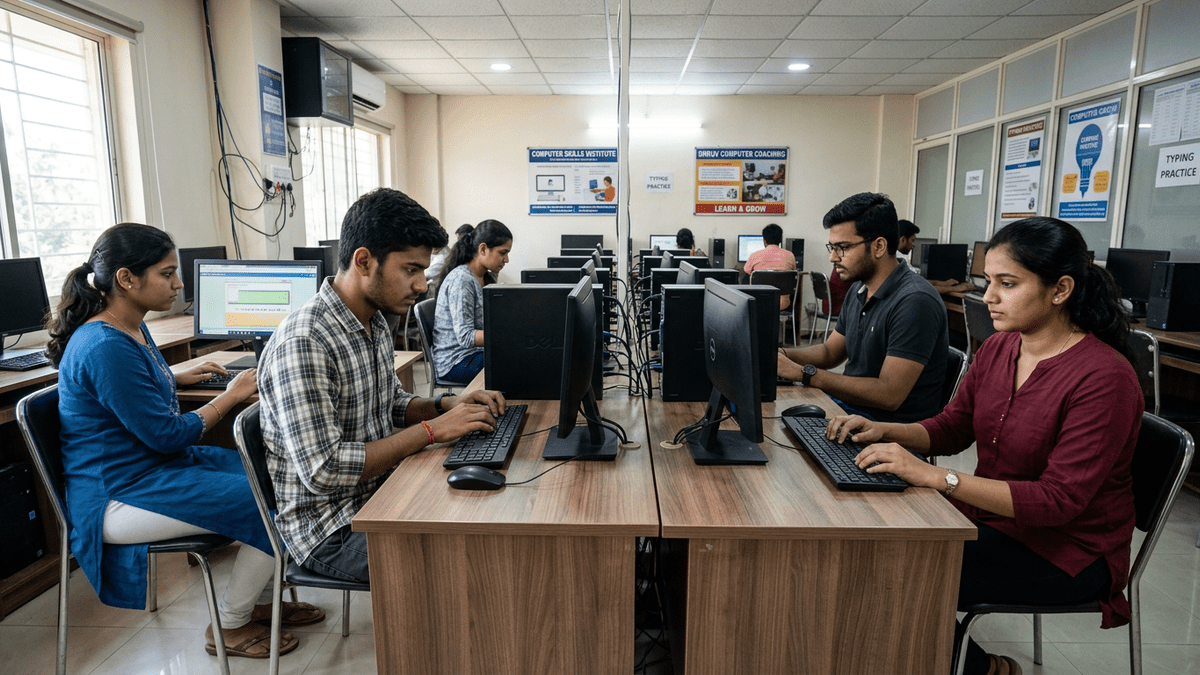 Students practicing computer skills in a coaching classes business lab