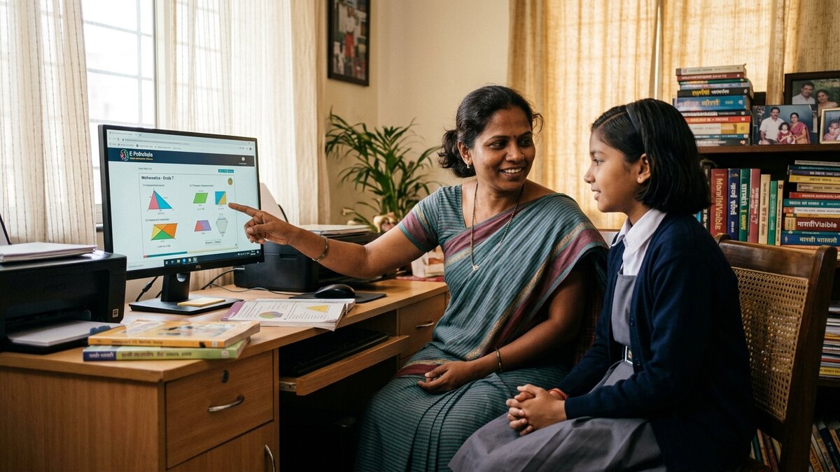 Study habits at home developed with Indian educator guiding student at computer