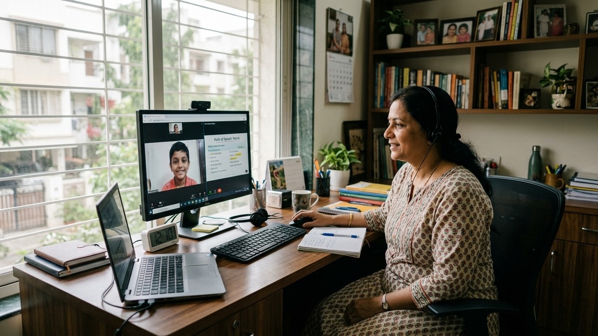 Homemaker teaching English speaking at home using computer with APNA PC setup