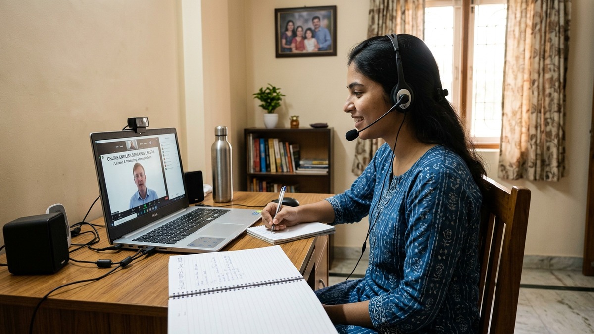 Student practicing English speaking at home with computer during live lesson