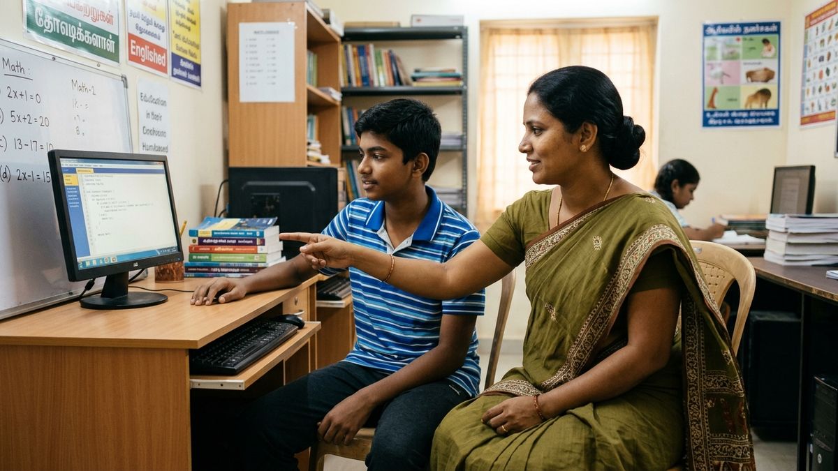Indian teacher coaching students in a computer lab for coaching classes business