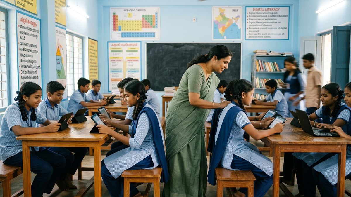 Indian teacher guiding students using free education apps India in classroom