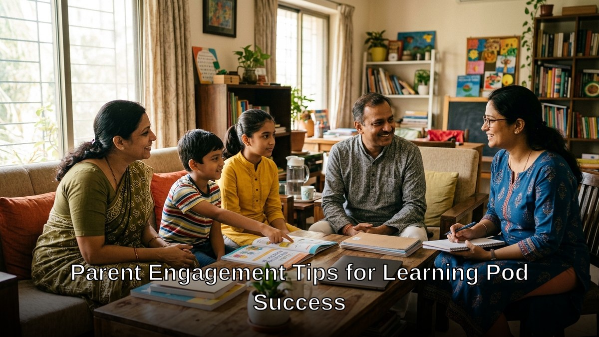 parent engagement learning pods Indian parents and teacher in home learning setting