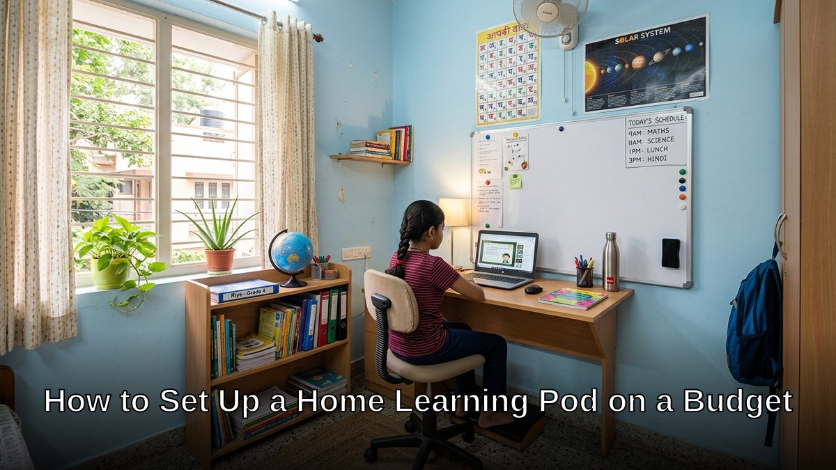 home learning pod setup Indian room with desk chair whiteboard and computer