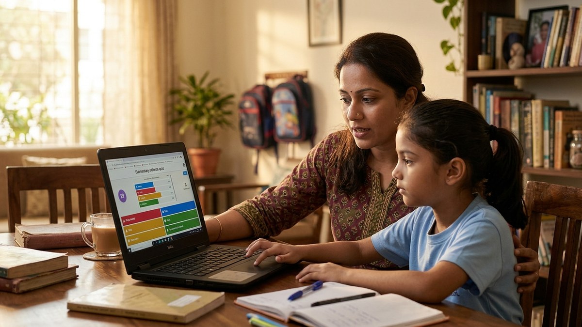 parent engagement learning pods Indian mother helping child with laptop at home