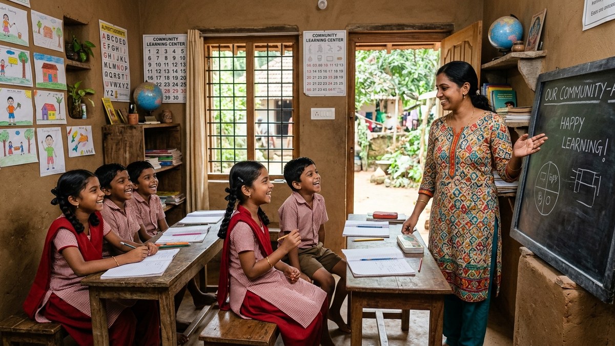 home tutor career India happy Indian tutor with young students in small classroom