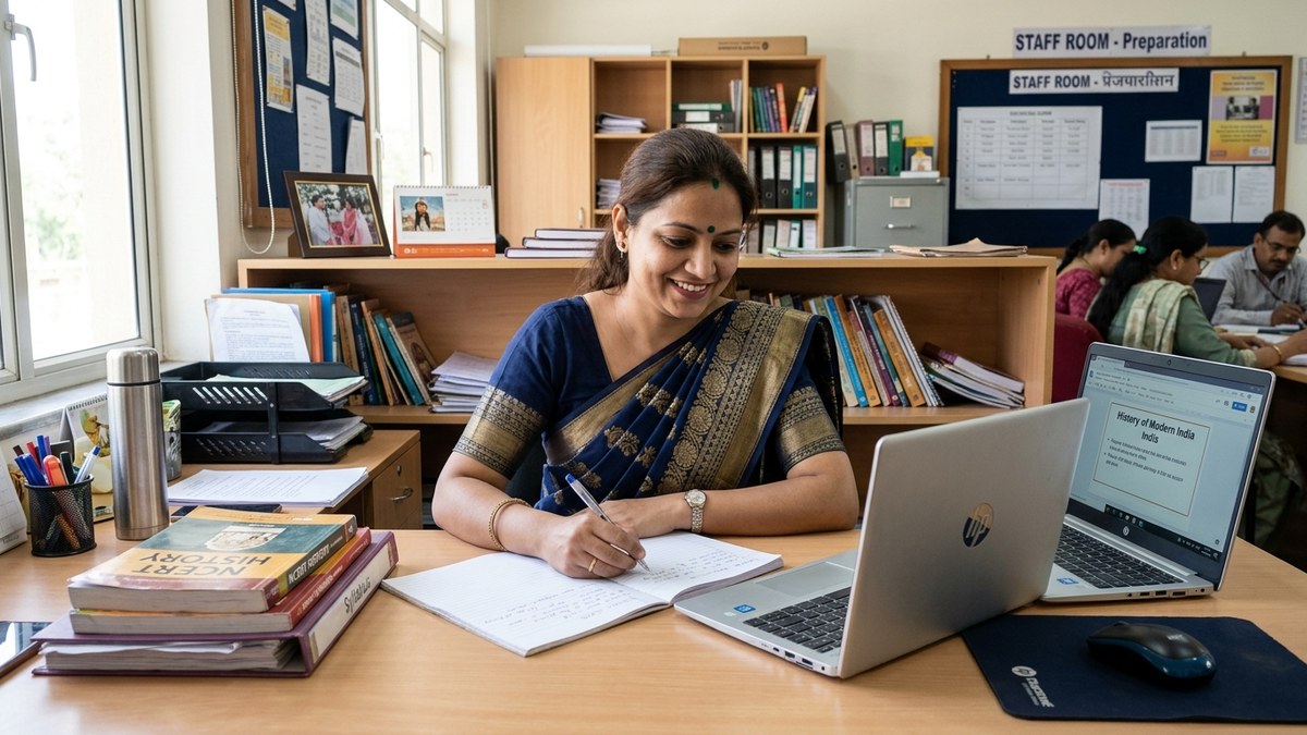 home tutor career India Indian teacher preparing lesson plans at desk with books and laptop