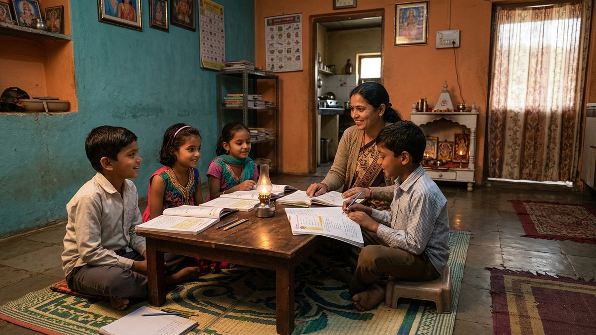 home learning pod setup Indian children at study table with teacher in modest home