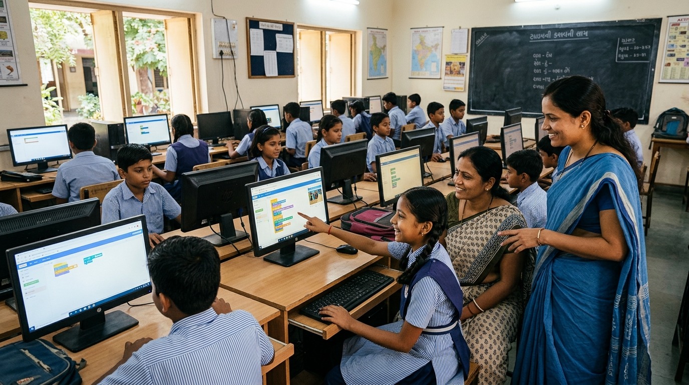 Indian school students showing their digital learning work to parents and teacher on APNA PC