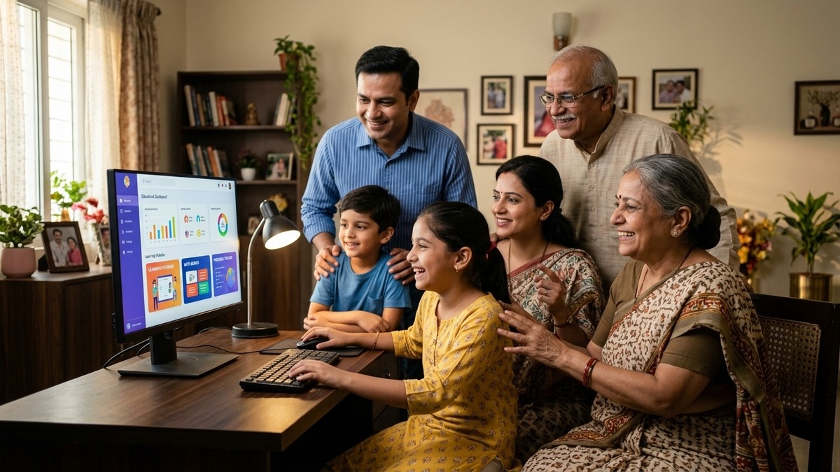 Indian family gathered around computer looking at educational software dashboard