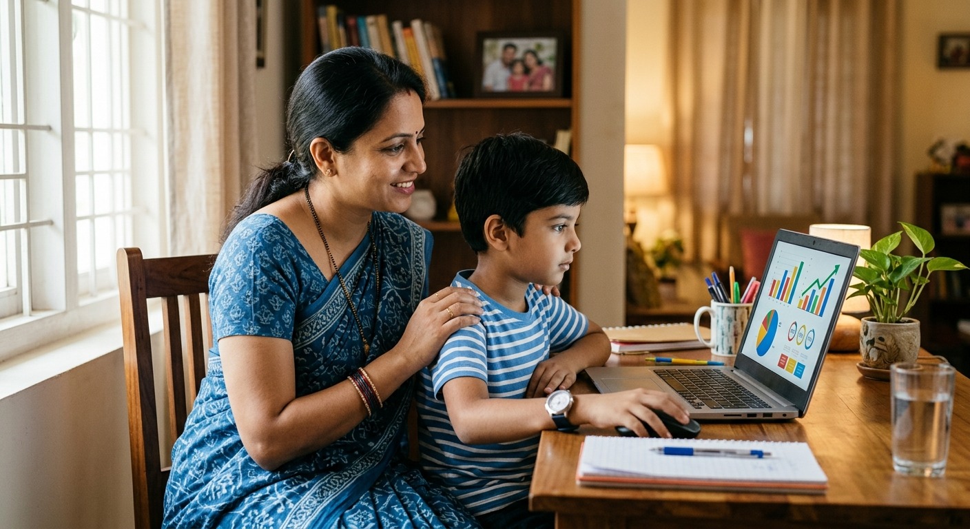 Indian child studying on computer while parent observes track child learning progress at home