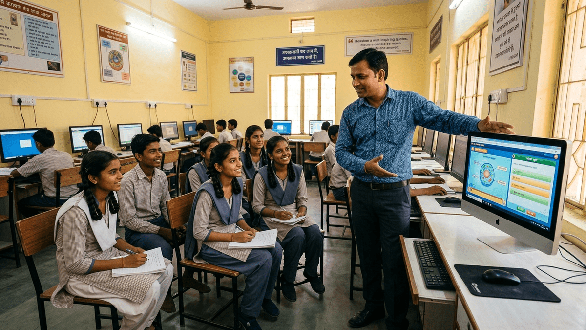 Indian teacher showing educational software on computer screen to students