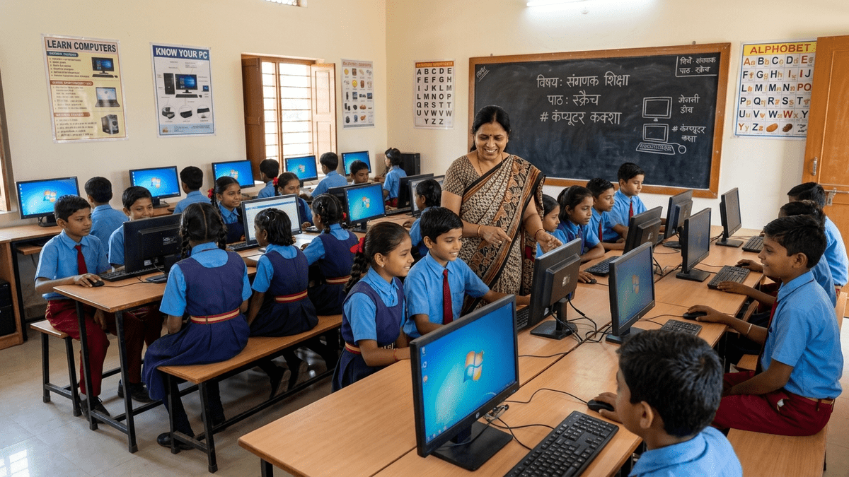 Small Indian classroom with students at computers learning together