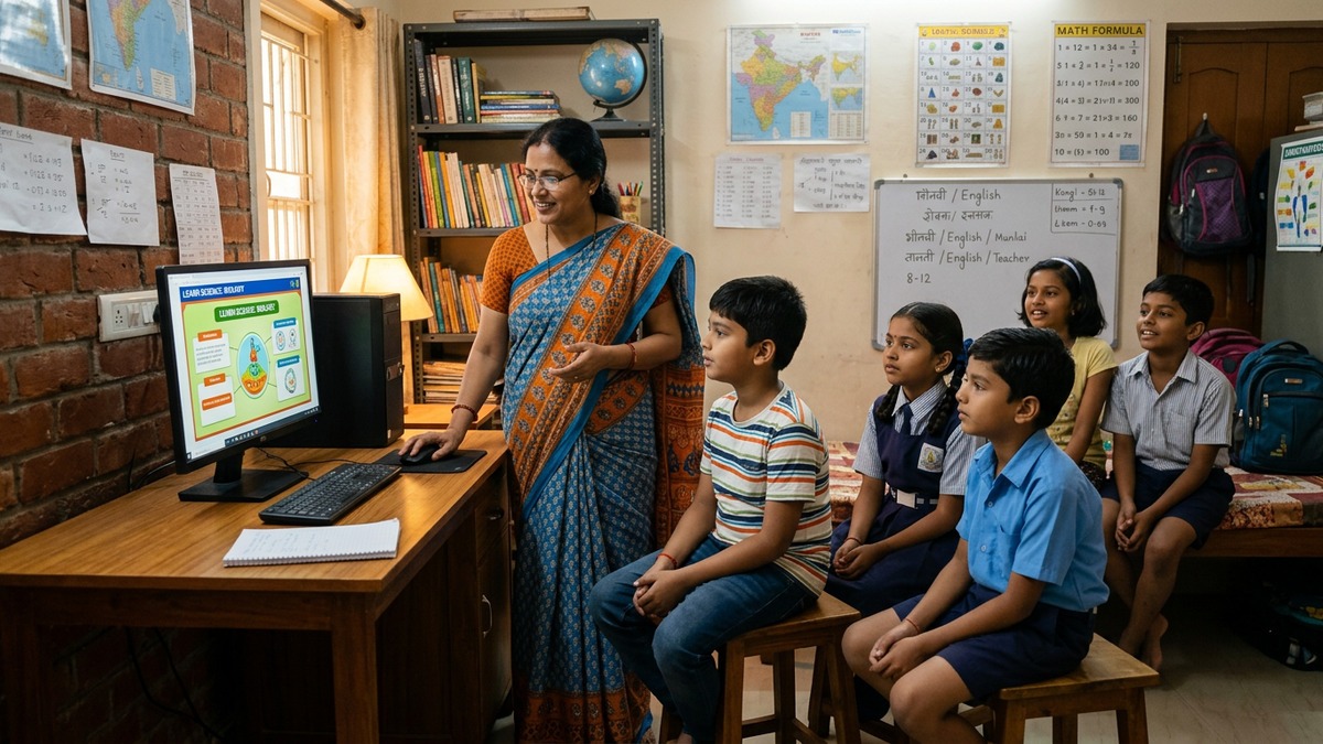 Indian tuition teacher teaching students using a computer in a coaching centre classroom setting