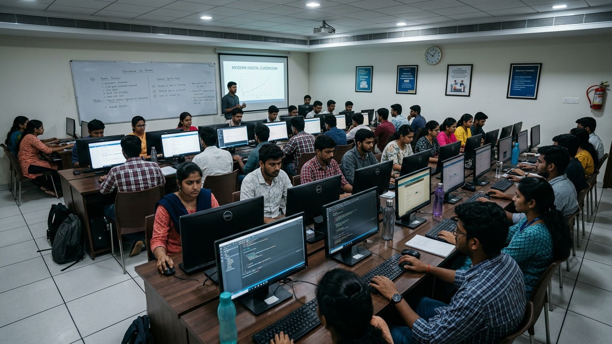 Indian coaching class with students working on computers in a modern digital classroom
