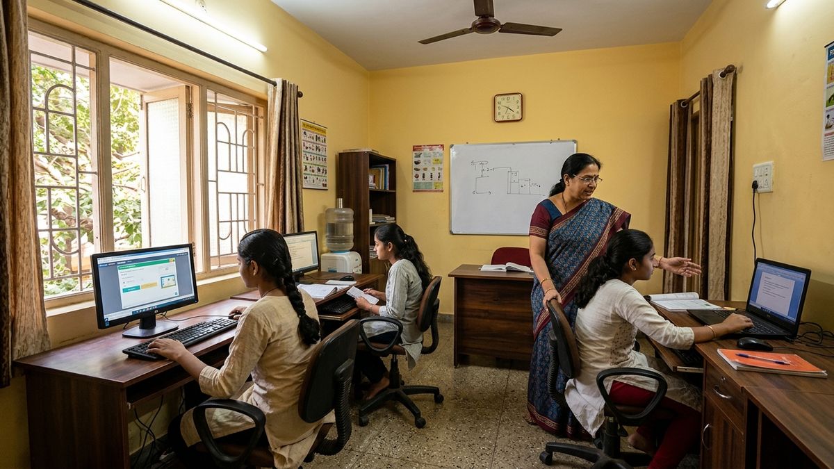 Indian tuition teacher teaching students in a home coaching centre with computers - tuition teacher POD setup
