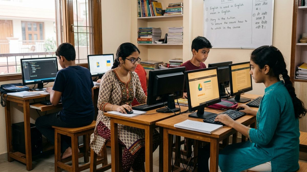 Indian students sitting at desks with computers in a home tuition centre - tuition teacher POD classroom