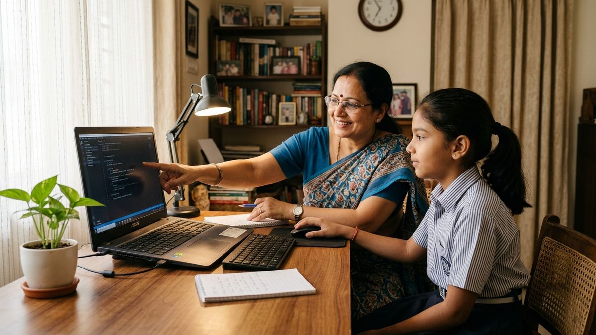 Indian teacher helping student with computer work at home desk - tuition teacher POD learning session