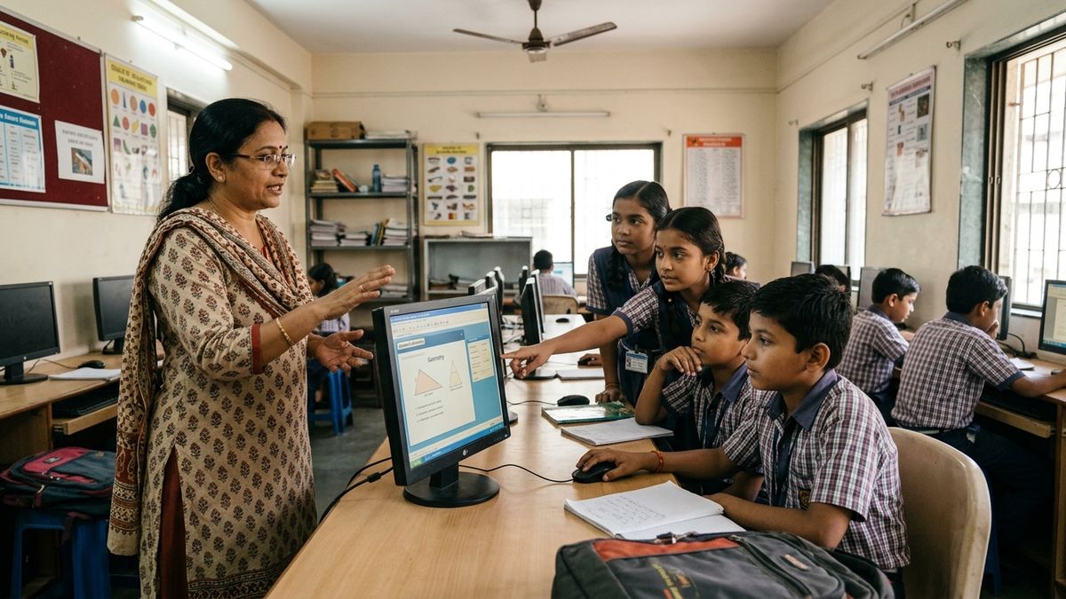 Educator teaching group of students using budget computer setup in classroom