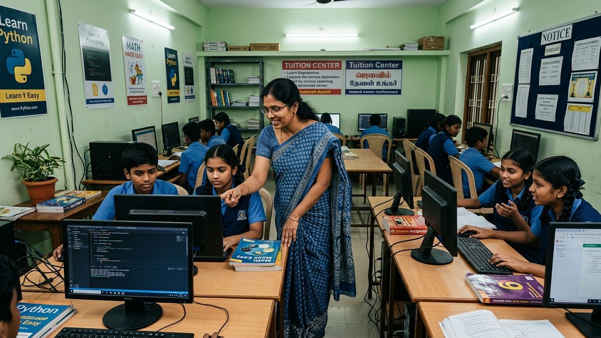 Indian tuition teacher helping students with computers in teaching business