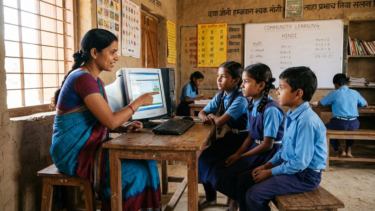 Village students learning computer course for village students in community center