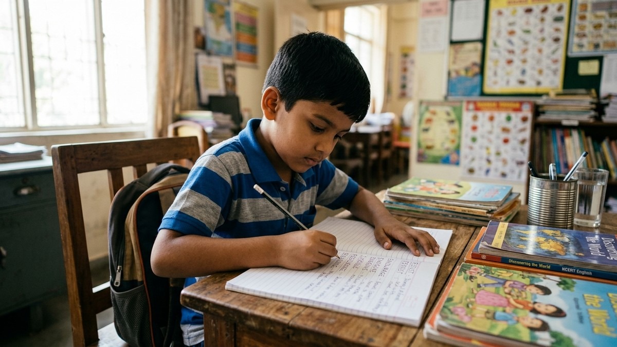 Indian child building vocabulary building skills at home by writing in notebook