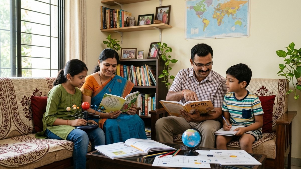Indian family building vocabulary building skills at home with books and learning materials