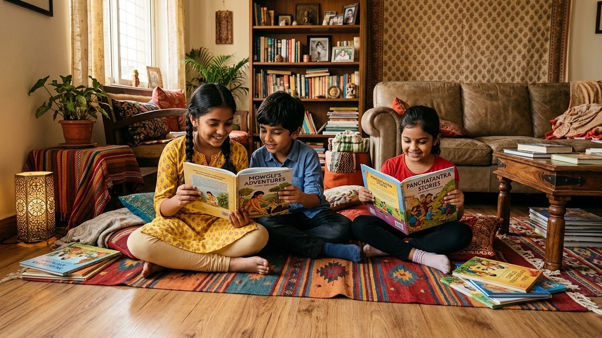 Indian children reading books together building vocabulary building skills at home