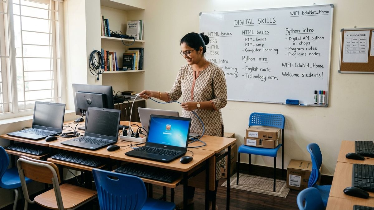 Indian woman setting up a digital learning centre at home with computers