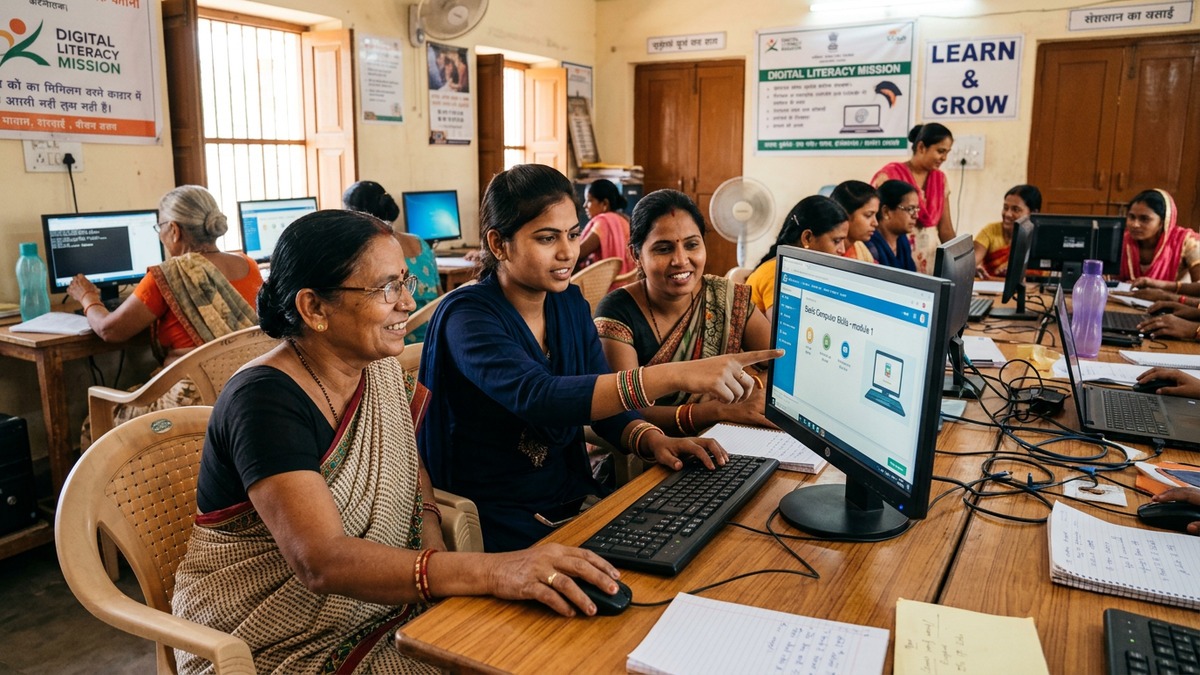 Indian women learning computer skills together in women computer coaching centre home India