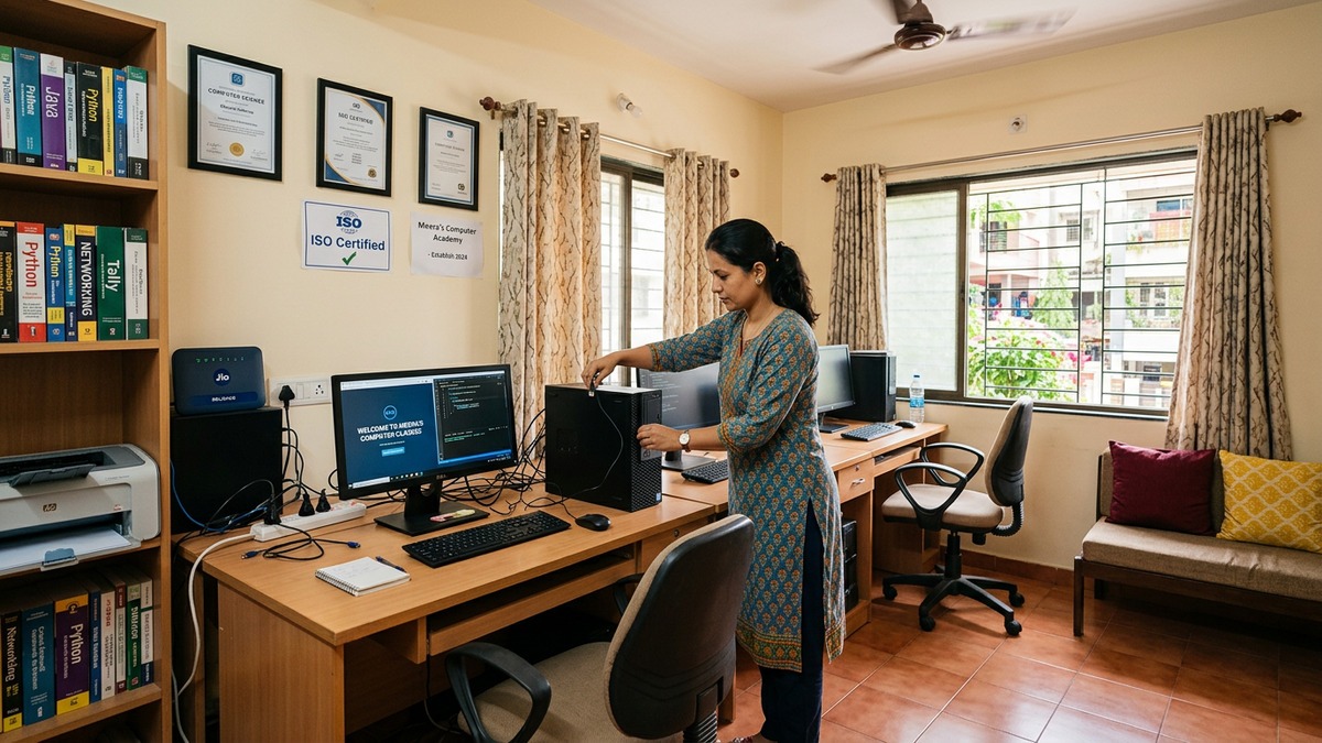Indian woman setting up computer coaching centre at home with APNA PC for women computer coaching centre