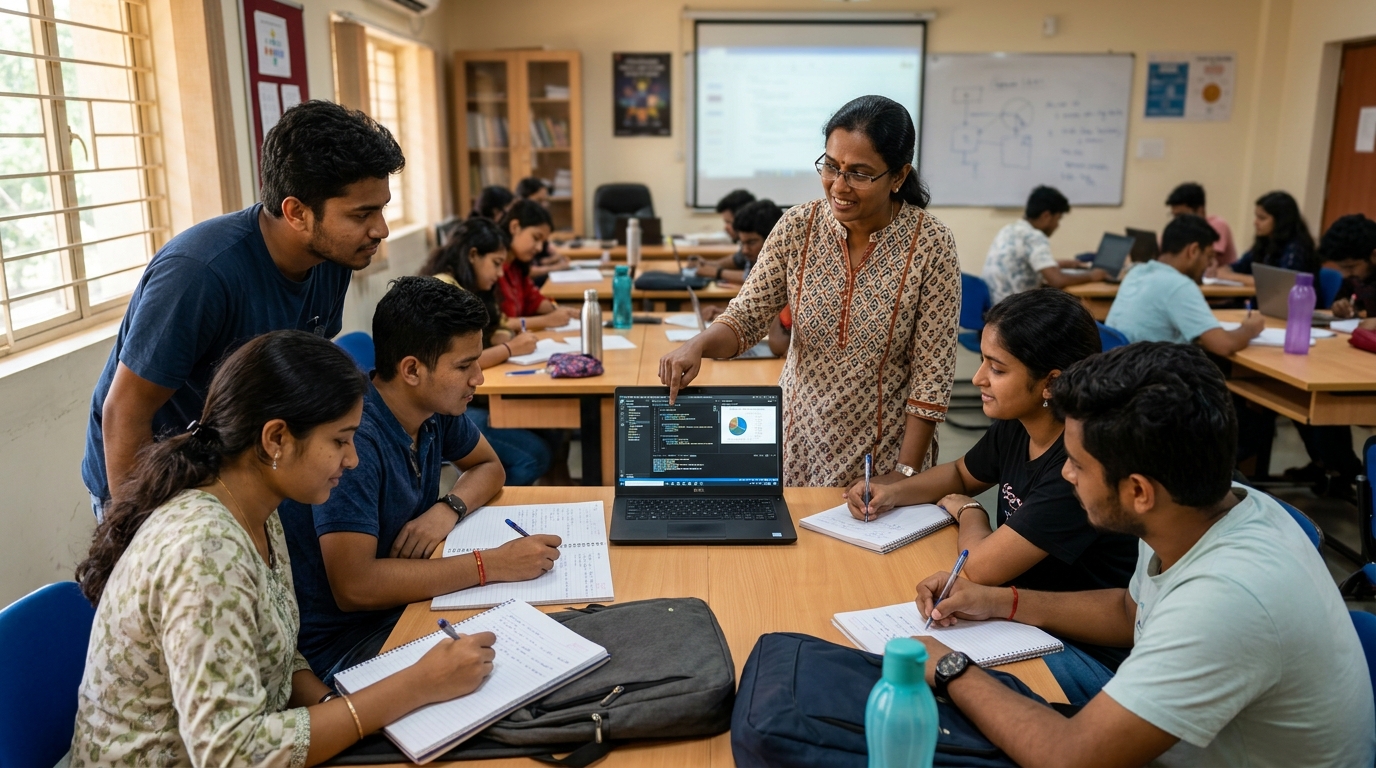 Teacher demonstrating AI tools for students in classroom
