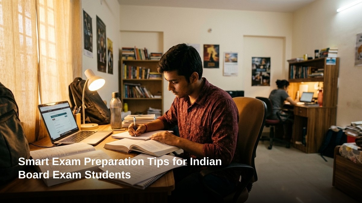 Indian student studying with textbooks using exam preparation tips board exam at desk