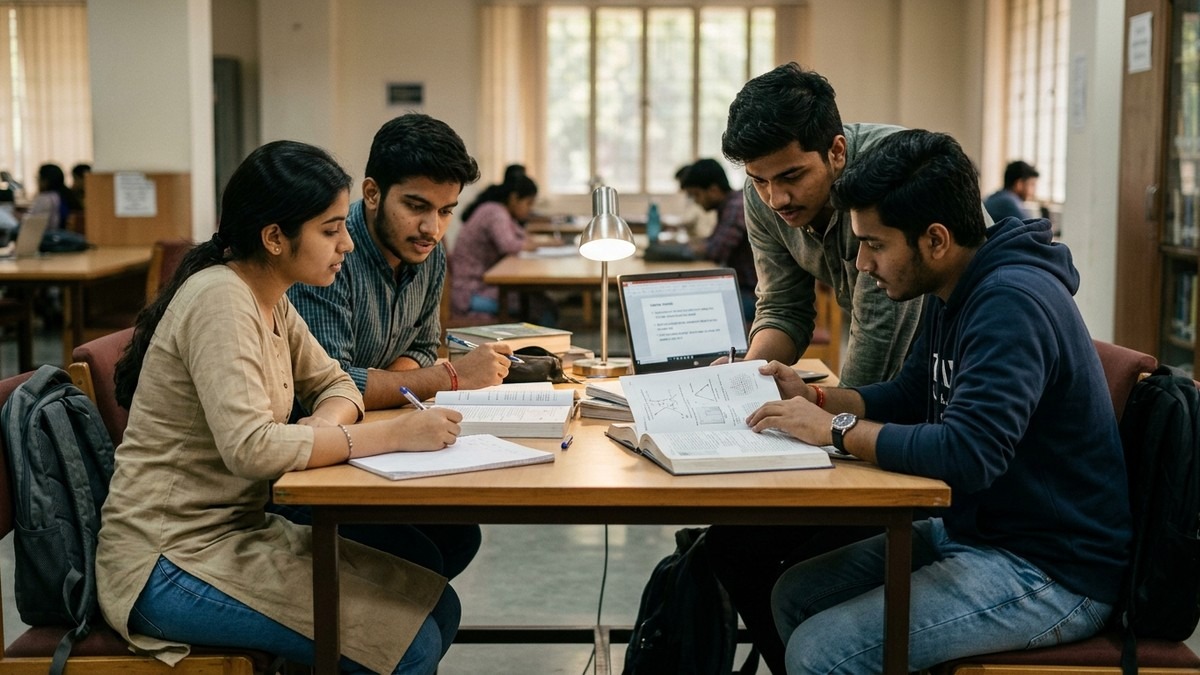 Group of Indian students studying together with exam preparation tips board exam