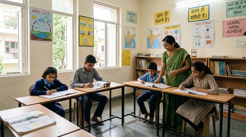 Indian community learning centre with students studying at desks
