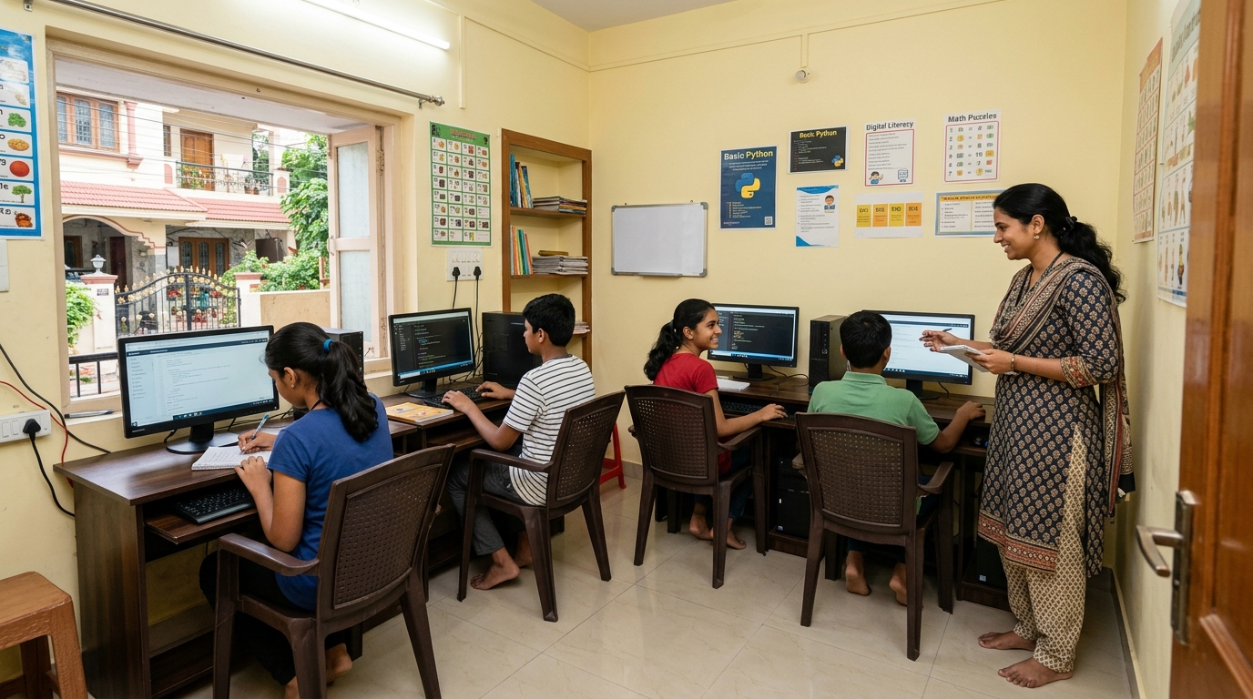 Community learning centre POD with students using computers for digital learning setup at home