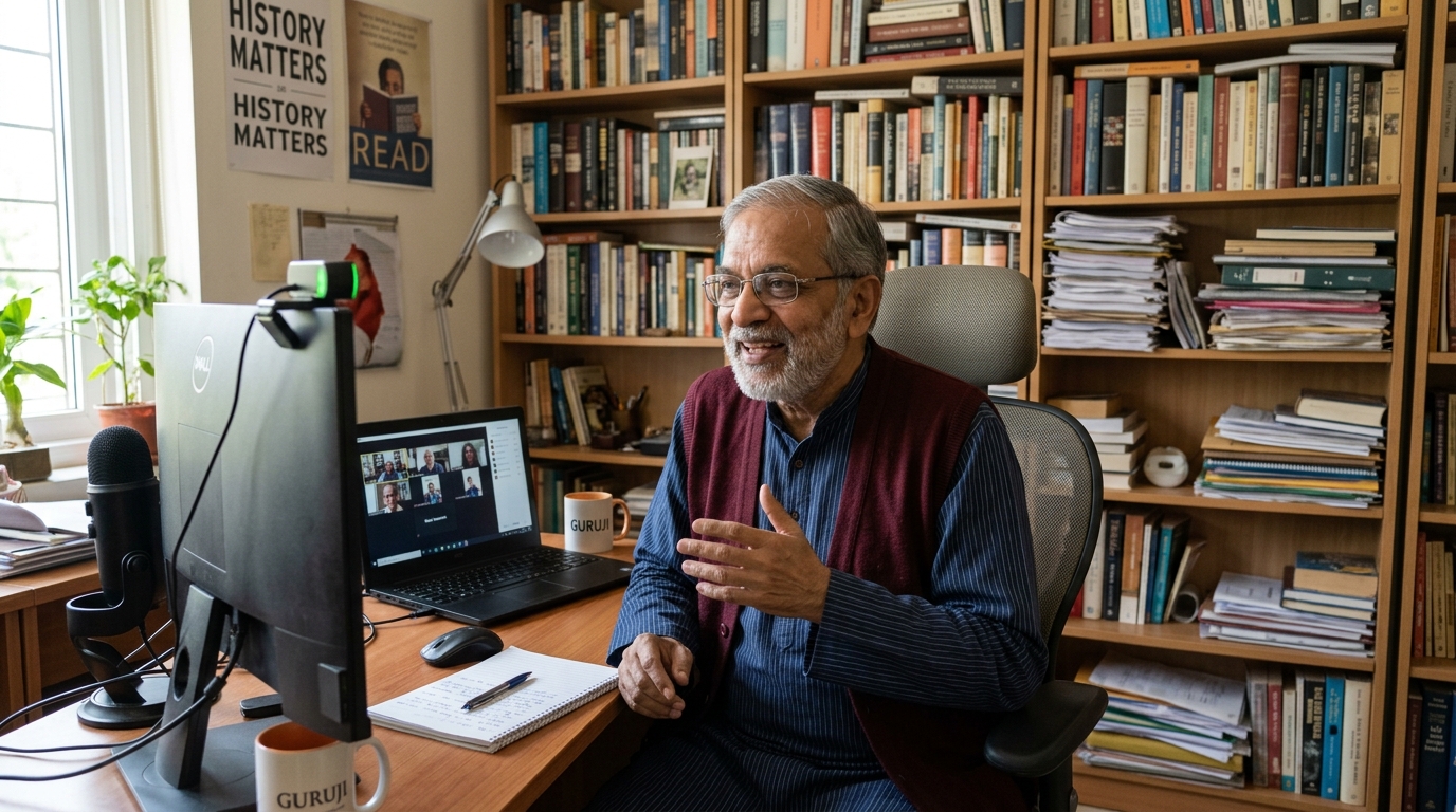 Indian senior citizen educator teaching online with digital learning setup at home